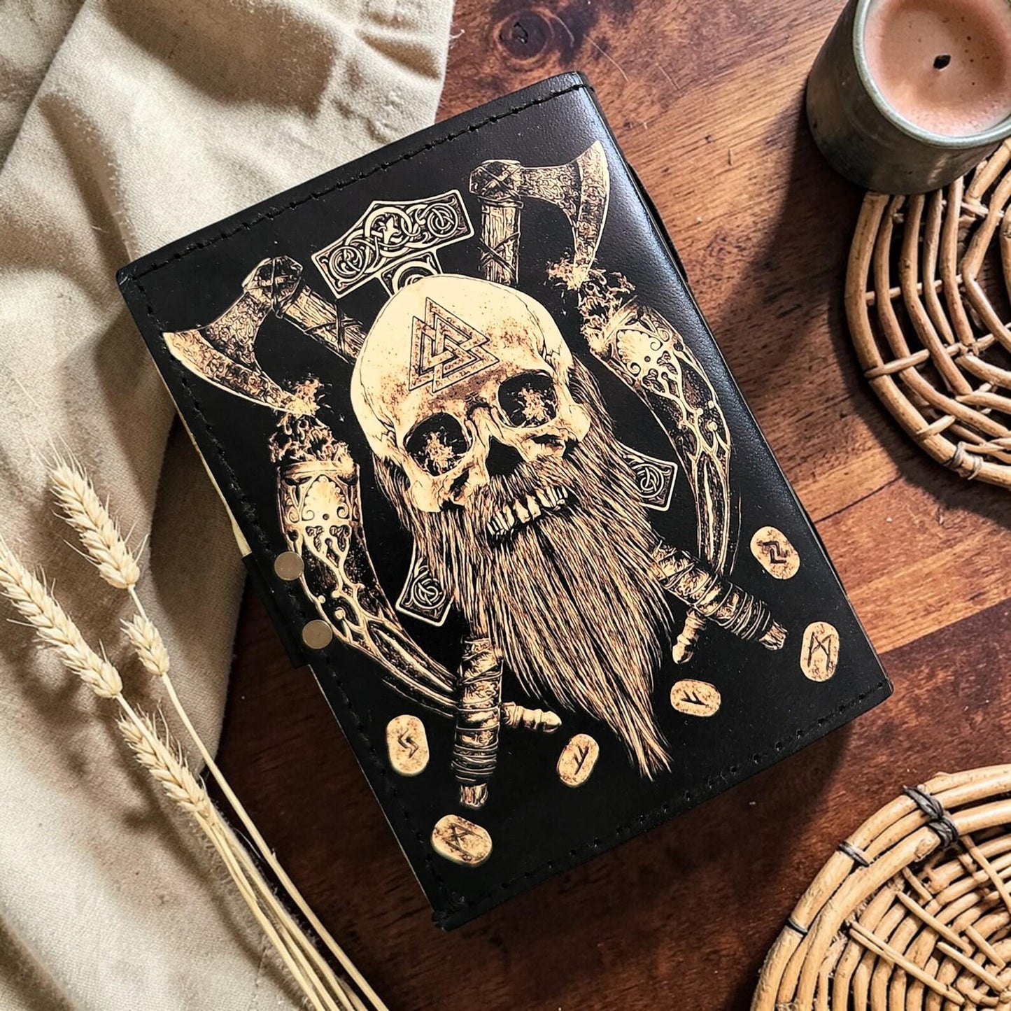 Skull Printed Leather Journal, Deckle Edge Sketchbook, Gothic Pirate Design, Tarot book, Dream Journal, Writing Book.