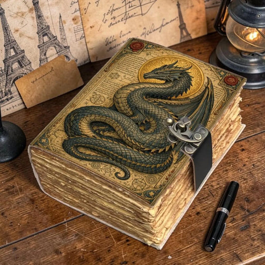 Dragon Leather Journal with Lock – Handmade Notebook, Vintage Deckle Edge Paper Diary, Dragon Spell Book, Gift for Writers