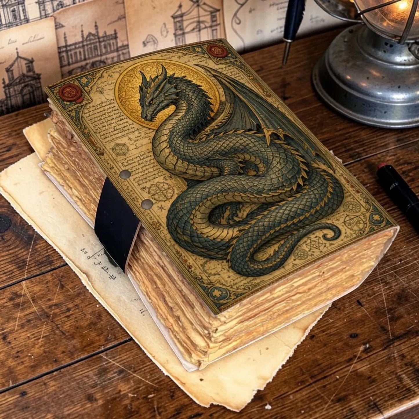 Dragon Leather Journal with Lock – Handmade Notebook, Vintage Deckle Edge Paper Diary, Dragon Spell Book, Gift for Writers