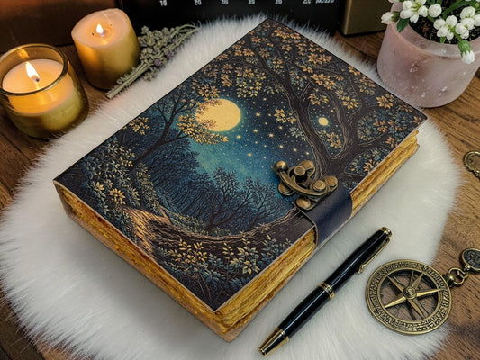 Moon And Tree Of Life Journal- Celestial Forest Leather Notebook - Wiccan Pagan Gift Book Of Shadows - Handmade Vintage Diary