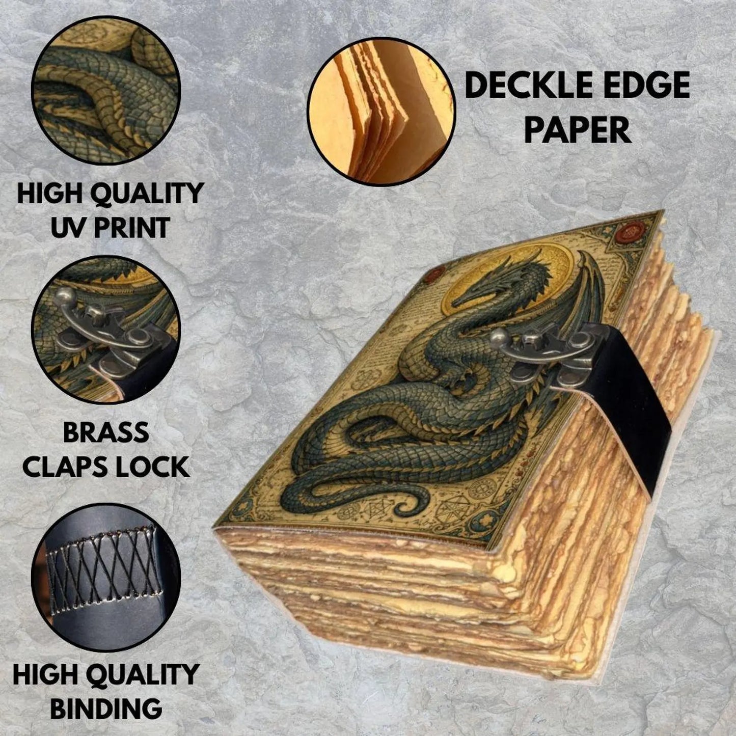 Dragon Leather Journal with Lock – Handmade Notebook, Vintage Deckle Edge Paper Diary, Dragon Spell Book, Gift for Writers