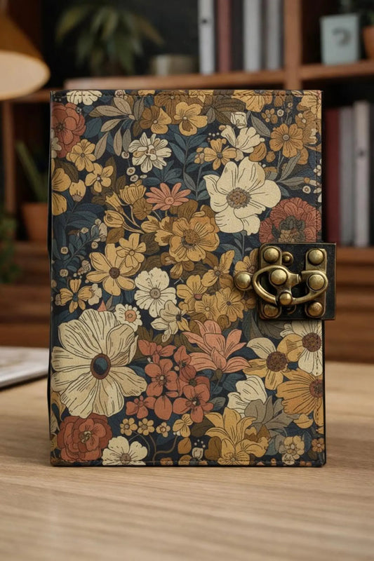 Vintage Floral Journal with Lock, Retro Flower Notebook, Cottagecore Diary, Botanical Sketchbook, Aesthetic Journal Gift